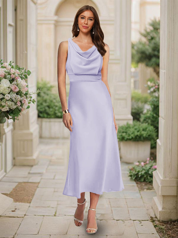 Trumpet/Mermaid Cowl Neck Sleeveless Tea-Length Ruched Bridesmaid Dresses