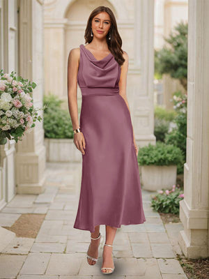 Trumpet/Mermaid Cowl Neck Sleeveless Tea-Length Ruched Bridesmaid Dresses