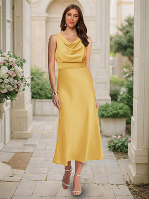 Trumpet/Mermaid Cowl Neck Sleeveless Tea-Length Ruched Bridesmaid Dresses