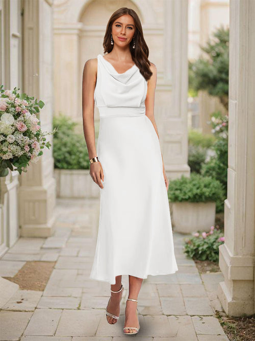 Trumpet/Mermaid Cowl Neck Sleeveless Tea-Length Ruched Bridesmaid Dresses