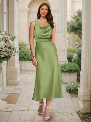 Trumpet/Mermaid Cowl Neck Sleeveless Tea-Length Ruched Bridesmaid Dresses
