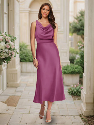 Trumpet/Mermaid Cowl Neck Sleeveless Tea-Length Ruched Bridesmaid Dresses