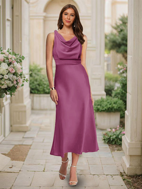 Trumpet/Mermaid Cowl Neck Sleeveless Tea-Length Ruched Bridesmaid Dresses