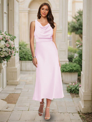 Trumpet/Mermaid Cowl Neck Sleeveless Tea-Length Ruched Bridesmaid Dresses