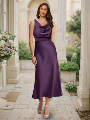 Trumpet/Mermaid Cowl Neck Sleeveless Tea-Length Ruched Bridesmaid Dresses