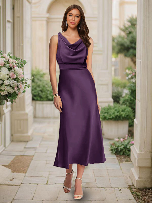 Trumpet/Mermaid Cowl Neck Sleeveless Tea-Length Ruched Bridesmaid Dresses