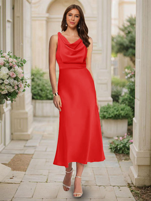 Trumpet/Mermaid Cowl Neck Sleeveless Tea-Length Ruched Bridesmaid Dresses