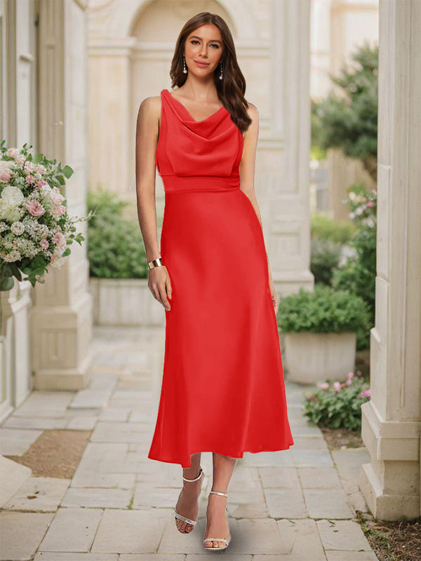 Trumpet/Mermaid Cowl Neck Sleeveless Tea-Length Ruched Bridesmaid Dresses