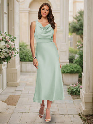 Trumpet/Mermaid Cowl Neck Sleeveless Tea-Length Ruched Bridesmaid Dresses