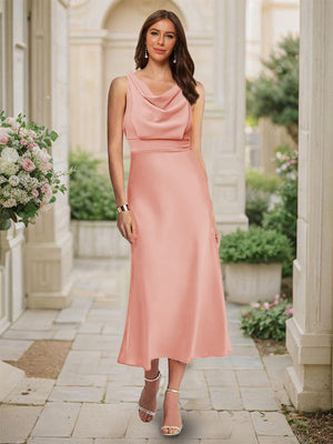 Trumpet/Mermaid Cowl Neck Sleeveless Tea-Length Ruched Bridesmaid Dresses
