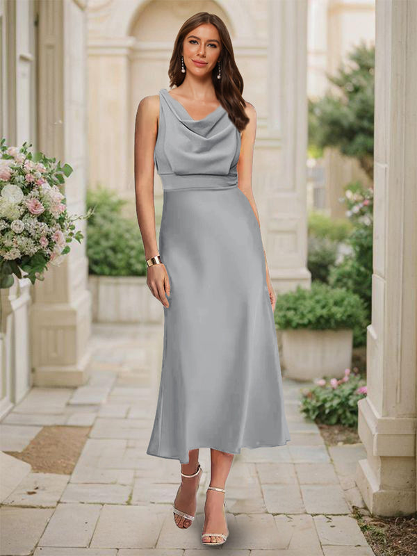 Trumpet/Mermaid Cowl Neck Sleeveless Tea-Length Ruched Bridesmaid Dresses