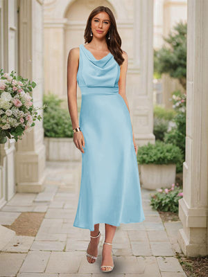 Trumpet/Mermaid Cowl Neck Sleeveless Tea-Length Ruched Bridesmaid Dresses