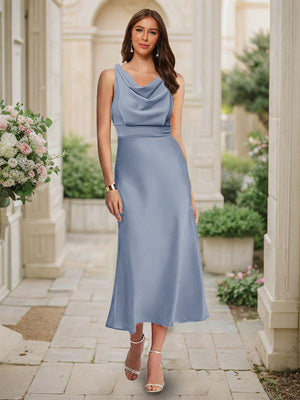 Trumpet/Mermaid Cowl Neck Sleeveless Tea-Length Ruched Bridesmaid Dresses