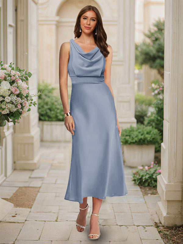 Trumpet/Mermaid Cowl Neck Sleeveless Tea-Length Ruched Bridesmaid Dresses