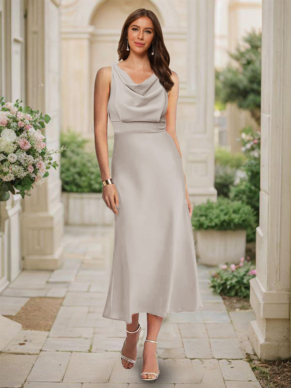 Trumpet/Mermaid Cowl Neck Sleeveless Tea-Length Ruched Bridesmaid Dresses