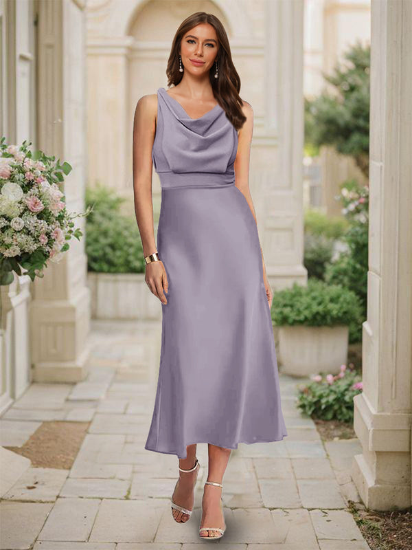 Trumpet/Mermaid Cowl Neck Sleeveless Tea-Length Ruched Bridesmaid Dresses