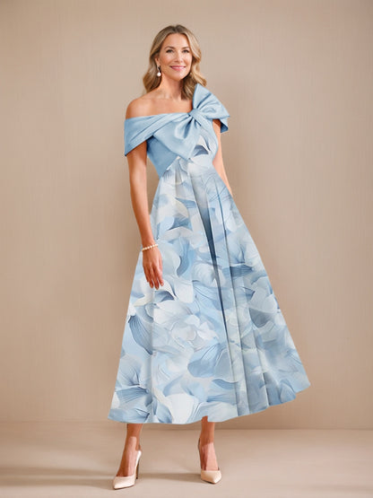 A-Line/Princess Off-the-Shoulder Short Sleeves Printed Floral Mother of the Bride Dresses with Bow