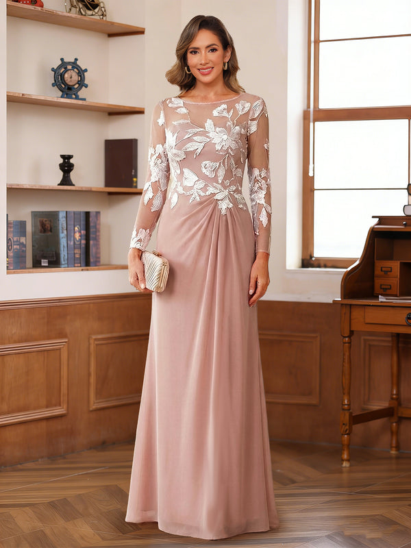 A-Line/Princess Scoop Long Sleeves Floor-Length Ruched Mother of the Bride Dresses With Appliques