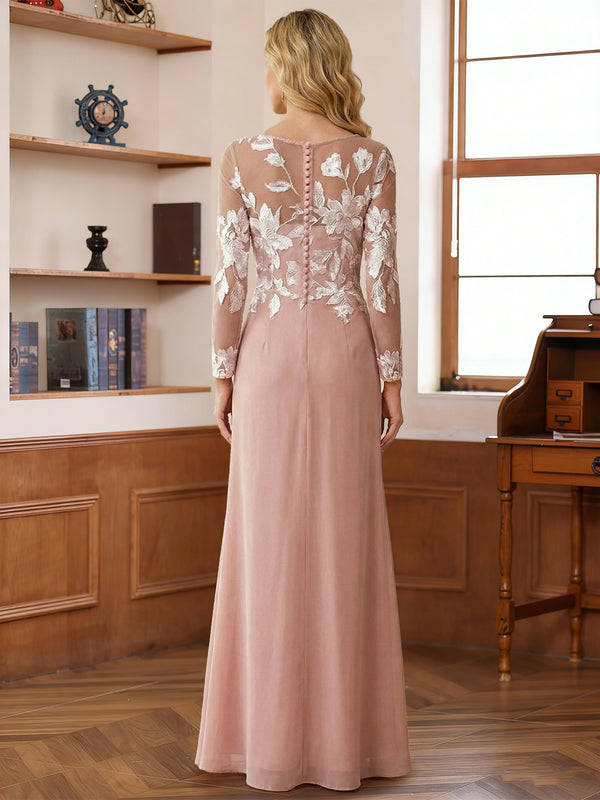 A-Line/Princess Scoop Long Sleeves Floor-Length Ruched Mother of the Bride Dresses With Appliques