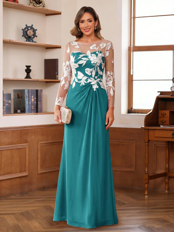 A-Line/Princess Scoop Long Sleeves Floor-Length Ruched Mother of the Bride Dresses With Appliques
