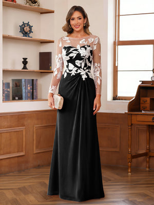 A-Line/Princess Scoop Long Sleeves Floor-Length Ruched Mother of the Bride Dresses With Appliques