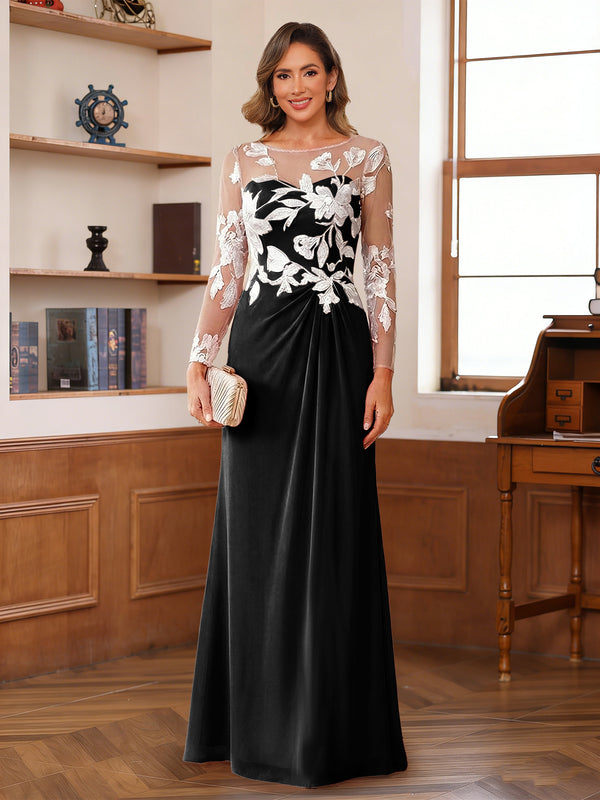 A-Line/Princess Scoop Long Sleeves Floor-Length Ruched Mother of the Bride Dresses With Appliques