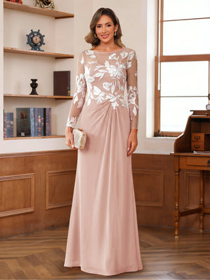 A-Line/Princess Scoop Long Sleeves Floor-Length Ruched Mother of the Bride Dresses With Appliques