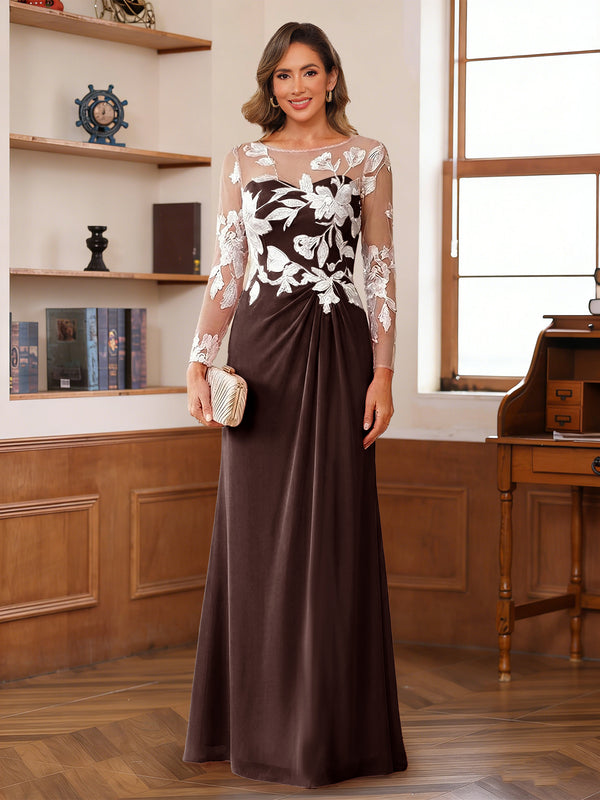 A-Line/Princess Scoop Long Sleeves Floor-Length Ruched Mother of the Bride Dresses With Appliques