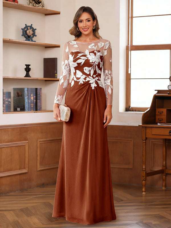 A-Line/Princess Scoop Long Sleeves Floor-Length Ruched Mother of the Bride Dresses With Appliques