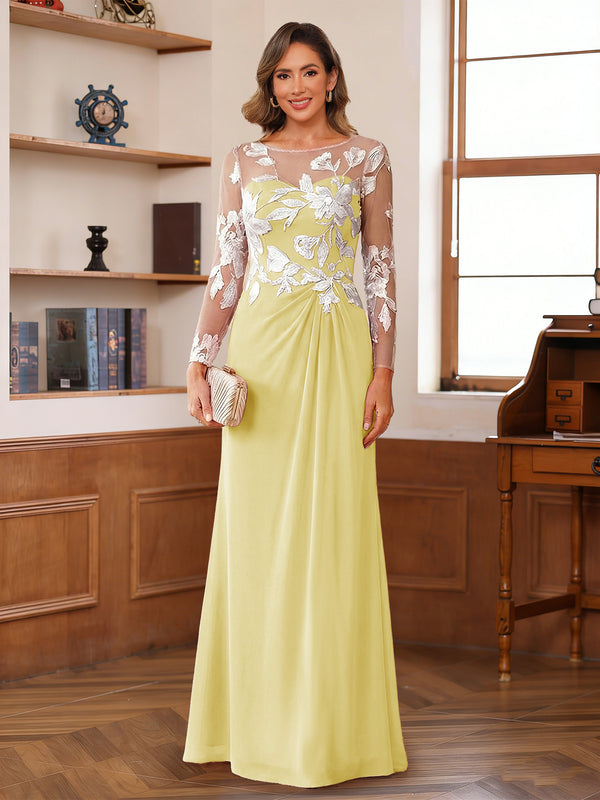A-Line/Princess Scoop Long Sleeves Floor-Length Ruched Mother of the Bride Dresses With Appliques