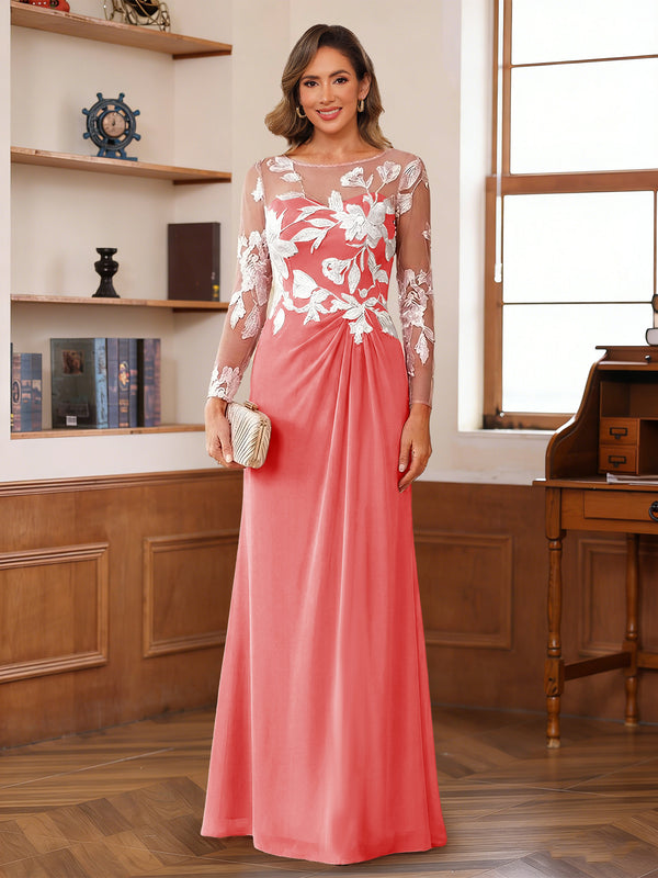 A-Line/Princess Scoop Long Sleeves Floor-Length Ruched Mother of the Bride Dresses With Appliques