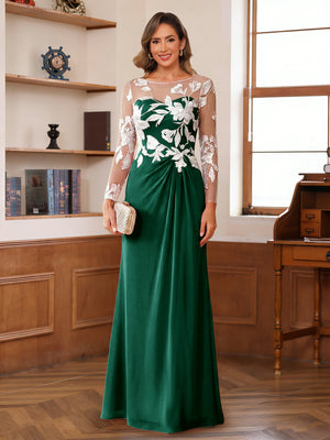 A-Line/Princess Scoop Long Sleeves Floor-Length Ruched Mother of the Bride Dresses With Appliques