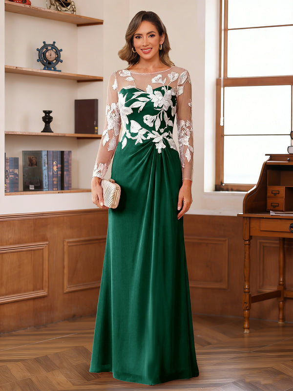 A-Line/Princess Scoop Long Sleeves Floor-Length Ruched Mother of the Bride Dresses With Appliques