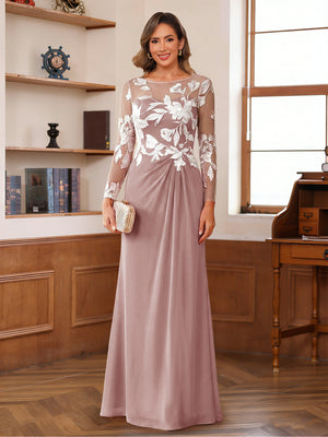 A-Line/Princess Scoop Long Sleeves Floor-Length Ruched Mother of the Bride Dresses With Appliques