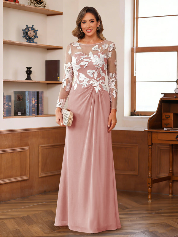A-Line/Princess Scoop Long Sleeves Floor-Length Ruched Mother of the Bride Dresses With Appliques