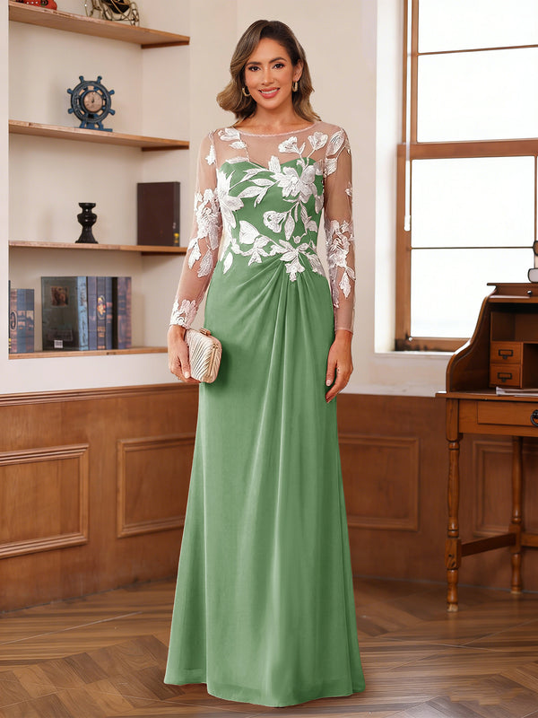 A-Line/Princess Scoop Long Sleeves Floor-Length Ruched Mother of the Bride Dresses With Appliques