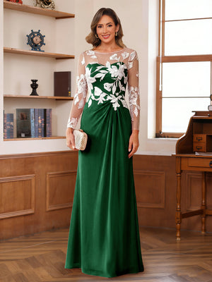 A-Line/Princess Scoop Long Sleeves Floor-Length Ruched Mother of the Bride Dresses With Appliques