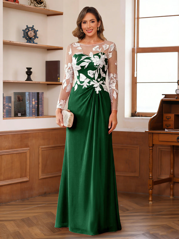 A-Line/Princess Scoop Long Sleeves Floor-Length Ruched Mother of the Bride Dresses With Appliques
