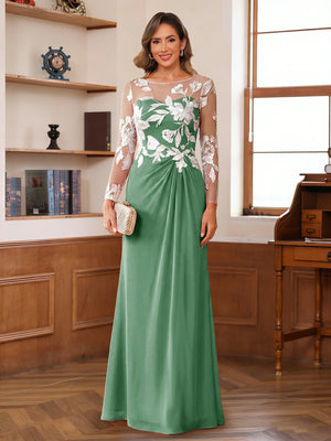 A-Line/Princess Scoop Long Sleeves Floor-Length Ruched Mother of the Bride Dresses With Appliques