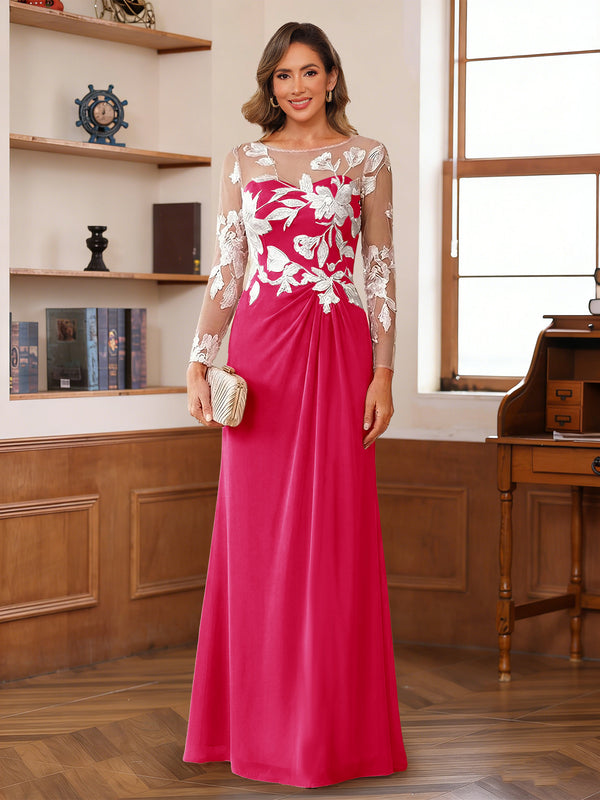 A-Line/Princess Scoop Long Sleeves Floor-Length Ruched Mother of the Bride Dresses With Appliques