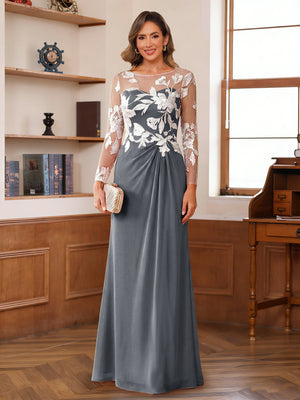 A-Line/Princess Scoop Long Sleeves Floor-Length Ruched Mother of the Bride Dresses With Appliques