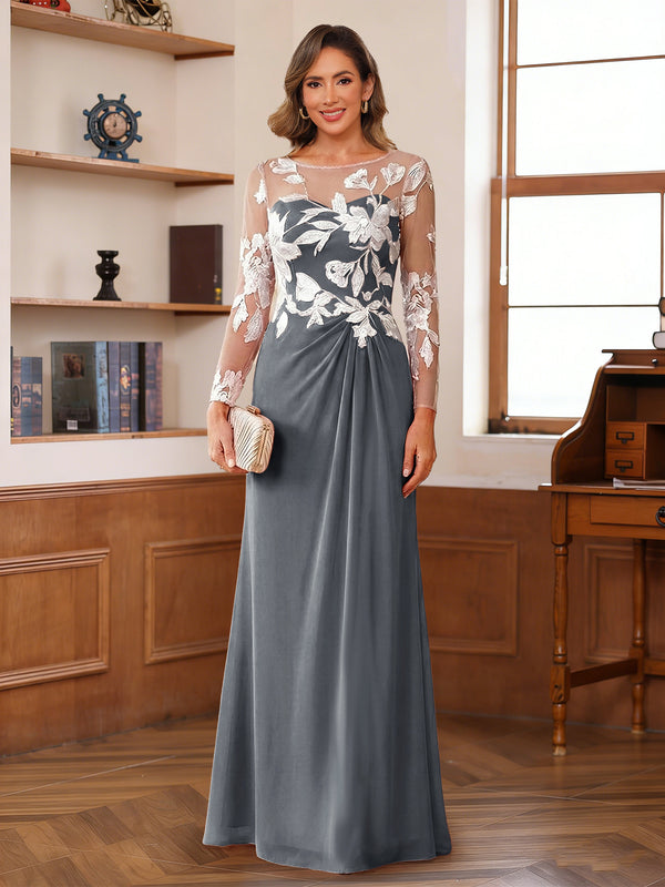 A-Line/Princess Scoop Long Sleeves Floor-Length Ruched Mother of the Bride Dresses With Appliques