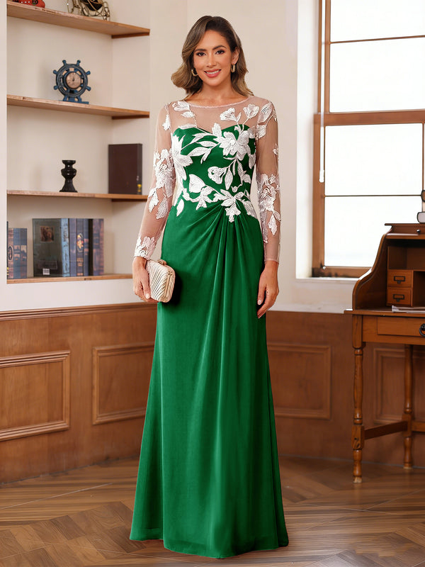 A-Line/Princess Scoop Long Sleeves Floor-Length Ruched Mother of the Bride Dresses With Appliques