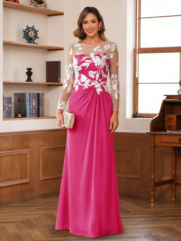 A-Line/Princess Scoop Long Sleeves Floor-Length Ruched Mother of the Bride Dresses With Appliques