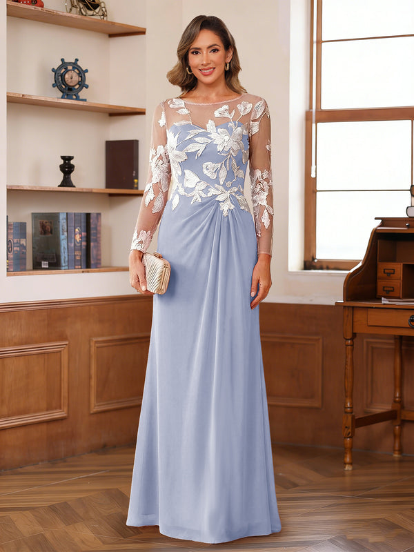 A-Line/Princess Scoop Long Sleeves Floor-Length Ruched Mother of the Bride Dresses With Appliques