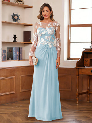 A-Line/Princess Scoop Long Sleeves Floor-Length Ruched Mother of the Bride Dresses With Appliques