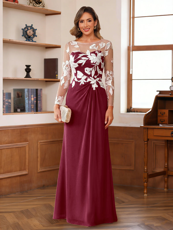 A-Line/Princess Scoop Long Sleeves Floor-Length Ruched Mother of the Bride Dresses With Appliques