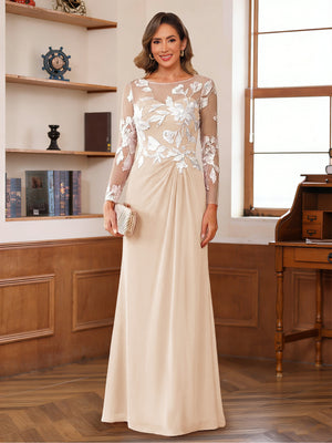 A-Line/Princess Scoop Long Sleeves Floor-Length Ruched Mother of the Bride Dresses With Appliques