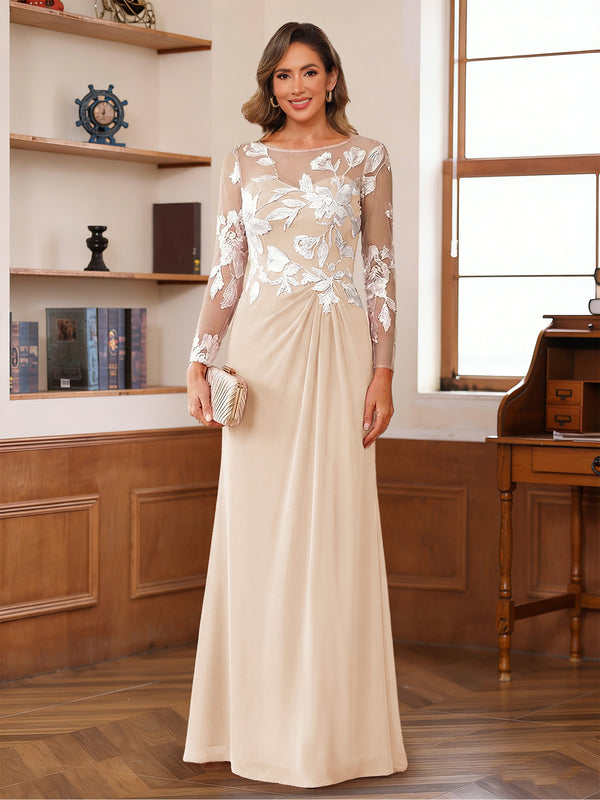 A-Line/Princess Scoop Long Sleeves Floor-Length Ruched Mother of the Bride Dresses With Appliques