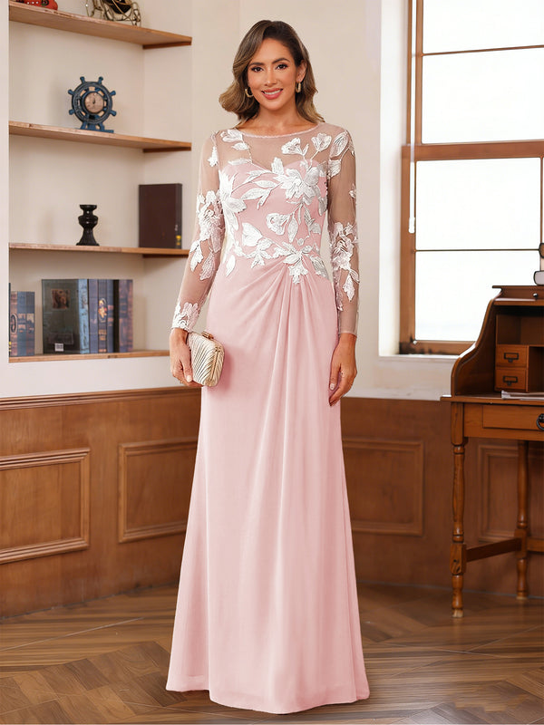 A-Line/Princess Scoop Long Sleeves Floor-Length Ruched Mother of the Bride Dresses With Appliques